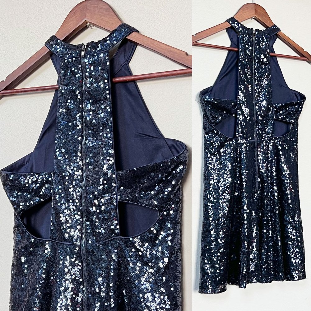 Lulu's Grandeur Navy Blue Sequin Cutout Swing Dress M Sparkly Bling Party $65 - Picture 6 of 16